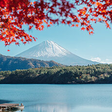 Japan: Snow-capped Mount Fuji rises in the background behind a forest and a calm lake, with vibrant red autumn leaves framing the top of the image against a clear blue sky.