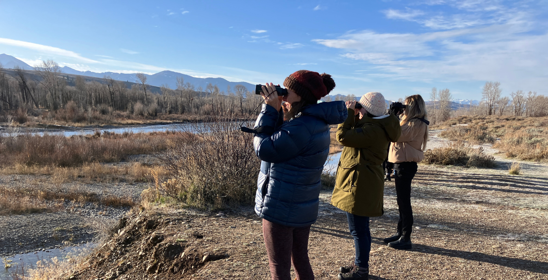 team members looking at a view with binoculars during a nature based company retreat